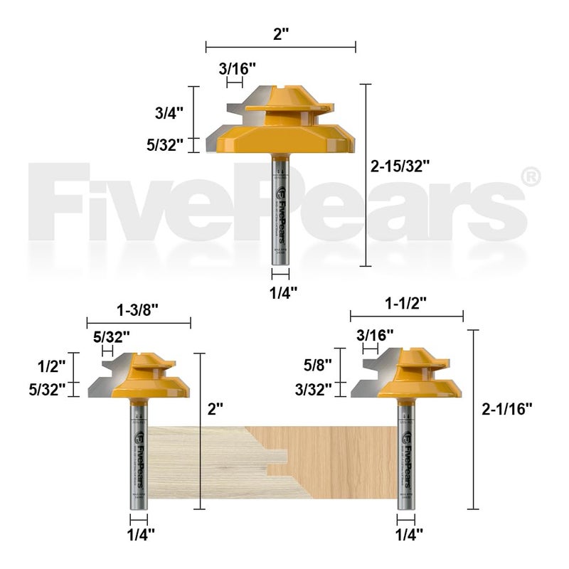 FIVEPEARS 45 Degree Lock Miter Router Bit 1/4 Inch shank,Timberlock 45 Lock Miter Router Bit 3PCS Set,for 1/2",5/8",3/4"Cutting Height,Timber Lock Router Bit Easy to Create Lock Miter Joint - Image 2